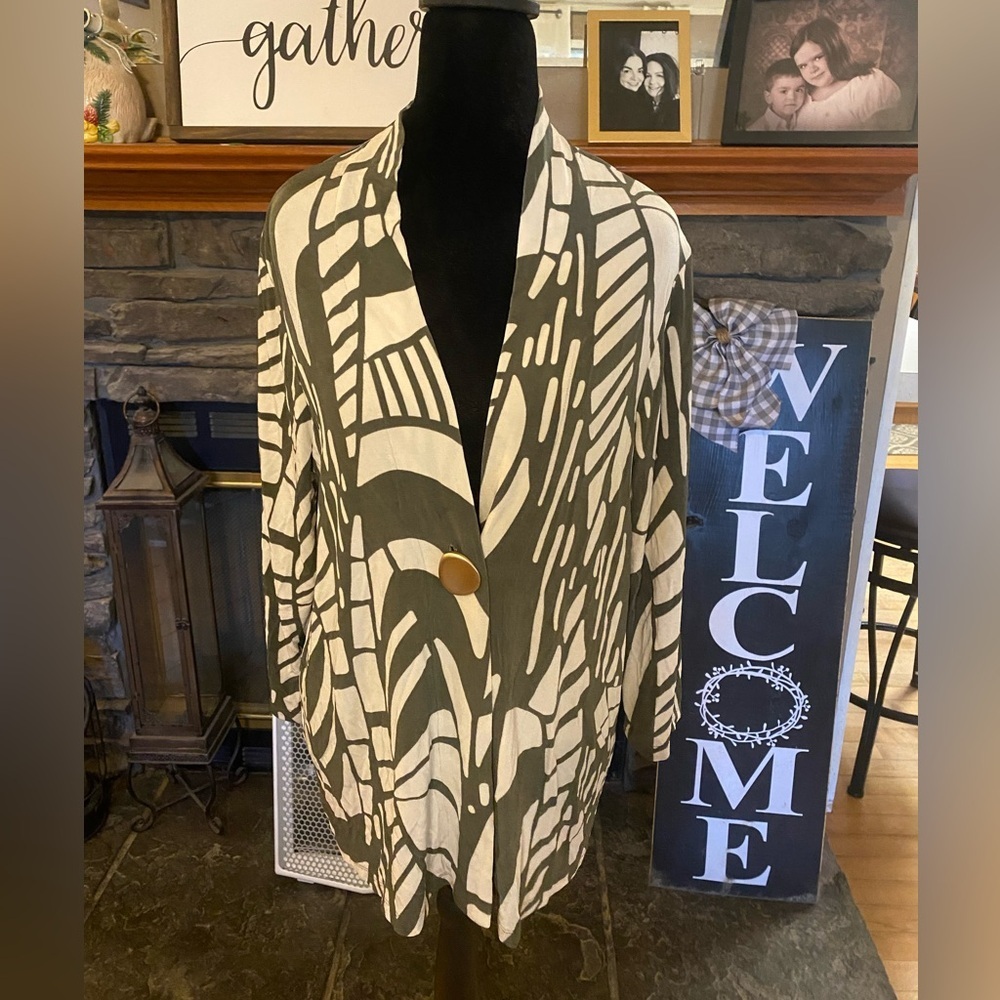 Chico's Traveler Abstract-Print Cardigan in Olive and Cream